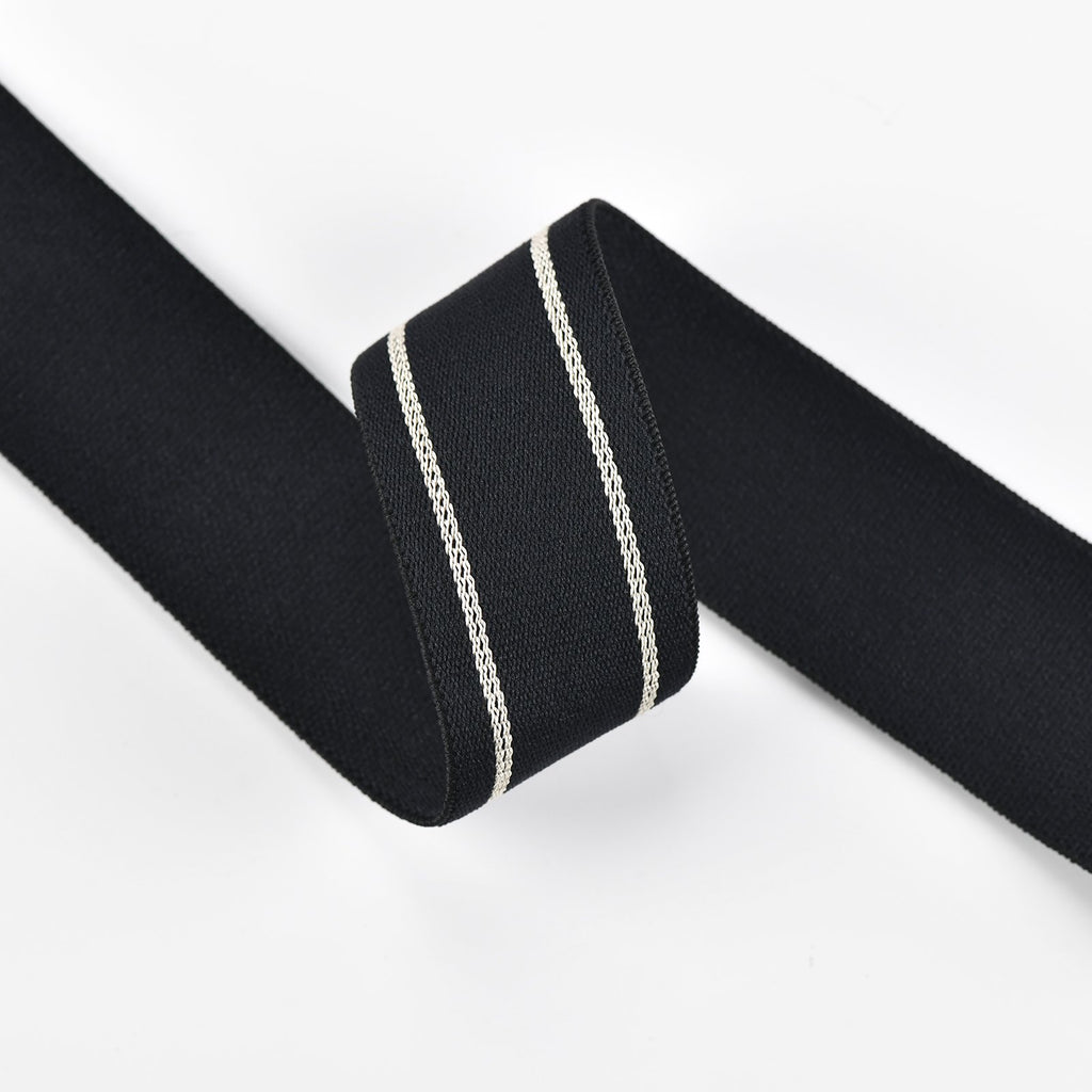 1.5’‘ 38mm wide Black back and beige stripes matte plush elastic band - 1 yard