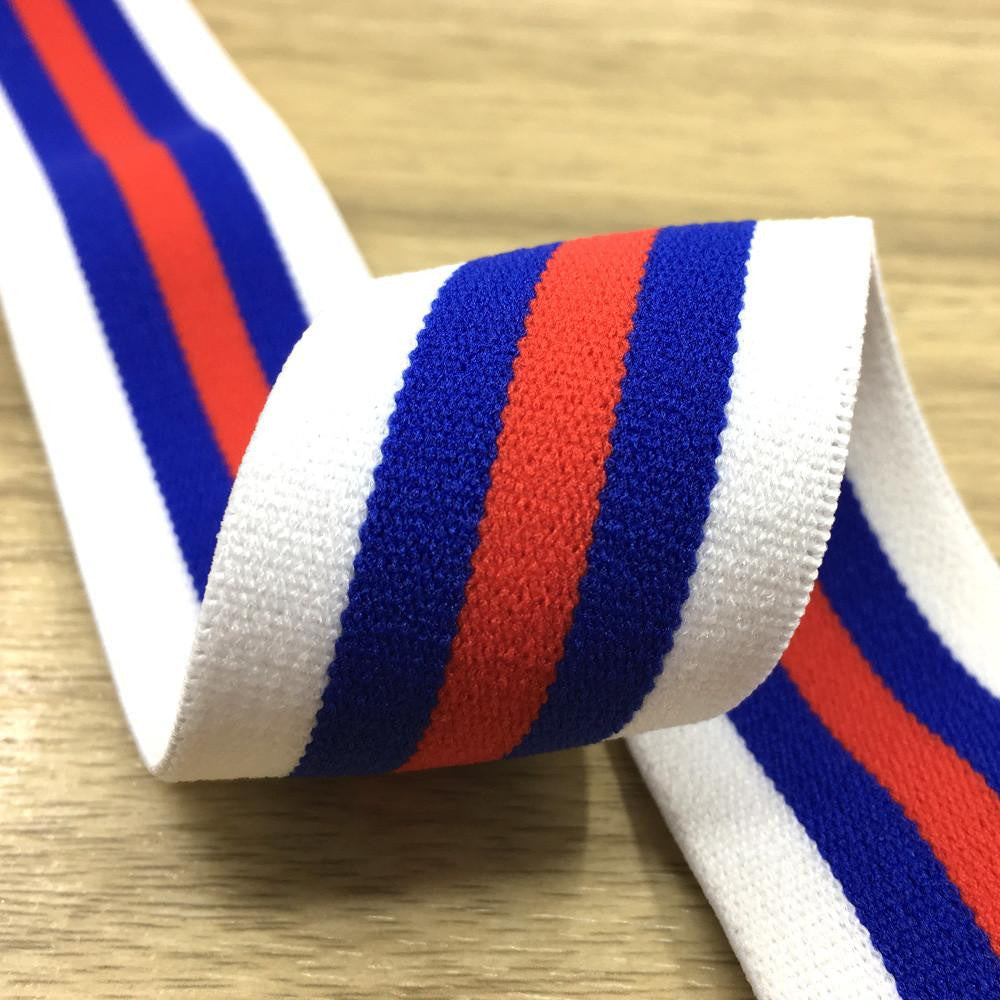 1.5 inch (40mm)  Wide Colored  Plush White, Blue and Red Striped Elastic Band - 1Yard