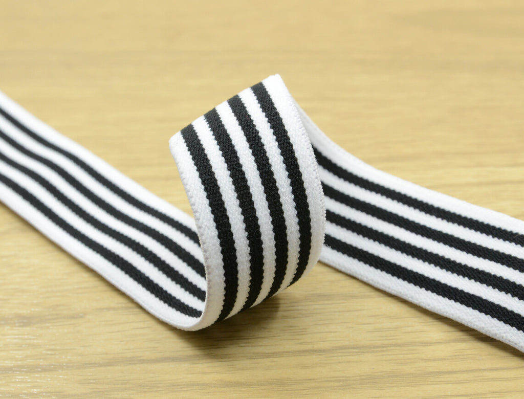 1"( 25mm) wide Black Stripes Comfortable Plush White Elastic,Waistband Elastic,Soft Elastic, Elastic Band,Sewing Elastic By the Yard