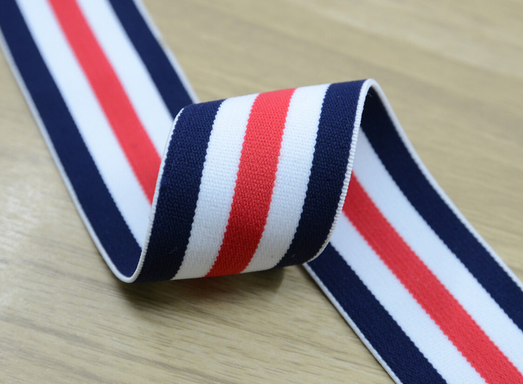 1.5 inch (40mm) Wide Colored  Plush Red White and Blue Thin Striped Elastic Band, Soft Waistband Elastic, Sewing Elastic