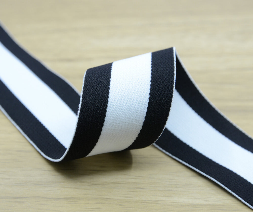 1.5 inch (40mm) Colored Plush White and Black Wide Striped Elastic Band, Soft Waistband Elastic, Elastic Trim, Sewing Elastic
