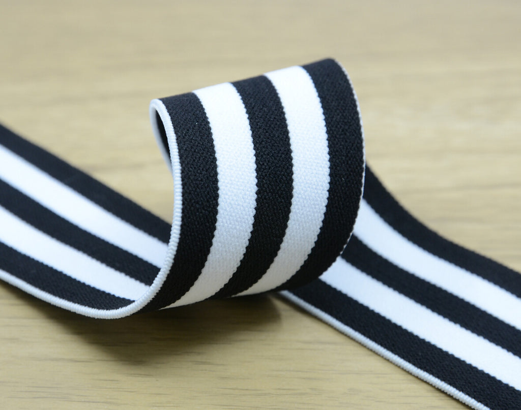 1.5 inch (40mm) Wide Colored Plush White and Black Striped Elastic Band, Soft Waistband Elastic, Elastic Trim, Sewing Elastic