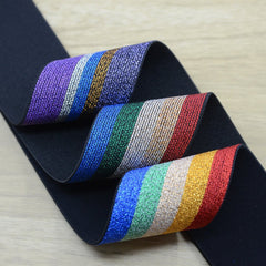 1 1/2 inch 40mm Wide Colorful Glitter Striped Elastic Band , Colored Elastic Trim, Elastic Ribbon,  Elastic by the Yard, Sewing Elastic - strapcrafts