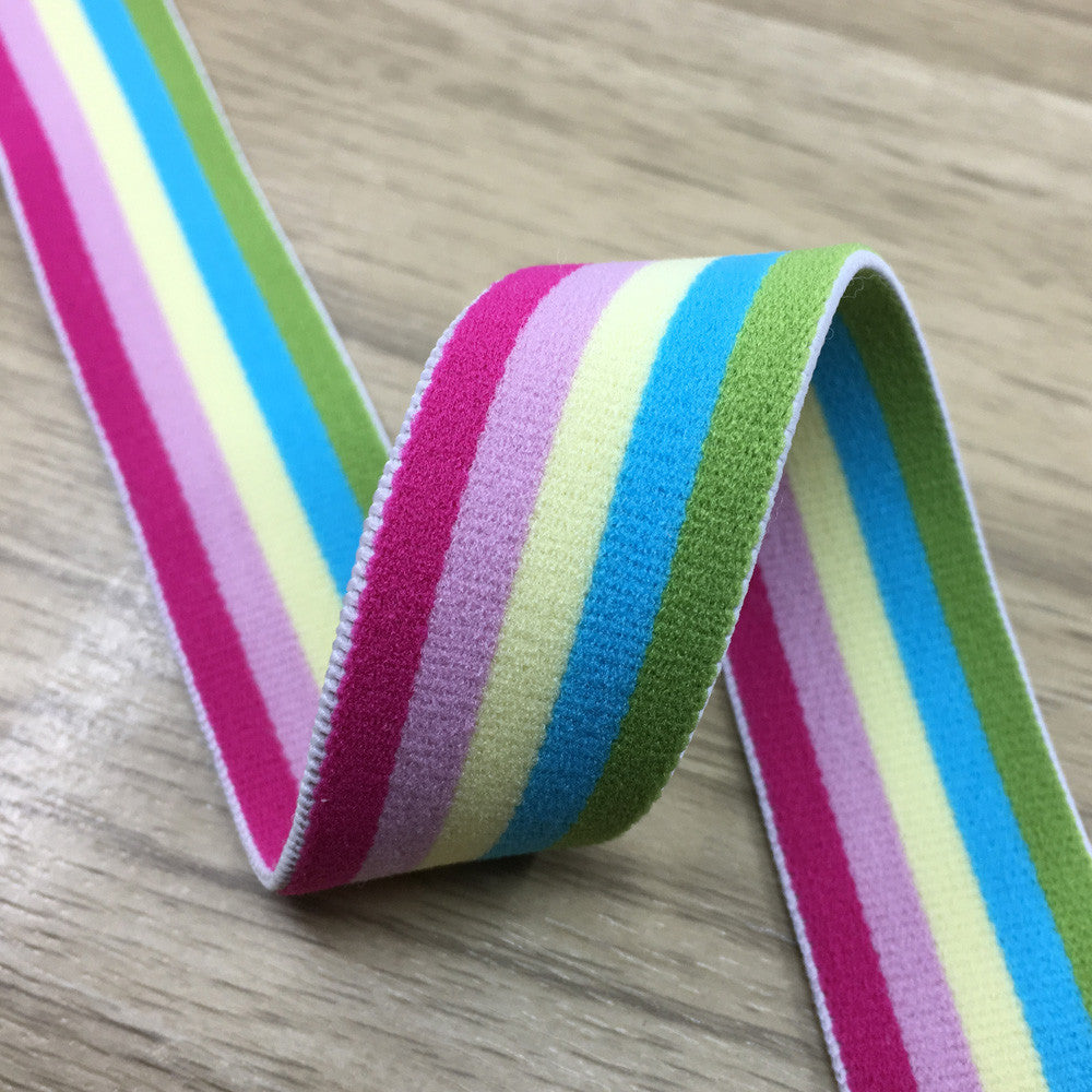 1 inch (25mm) Wide Colored Plush Colorful Striped Pink Elastic Band - 1 Yard