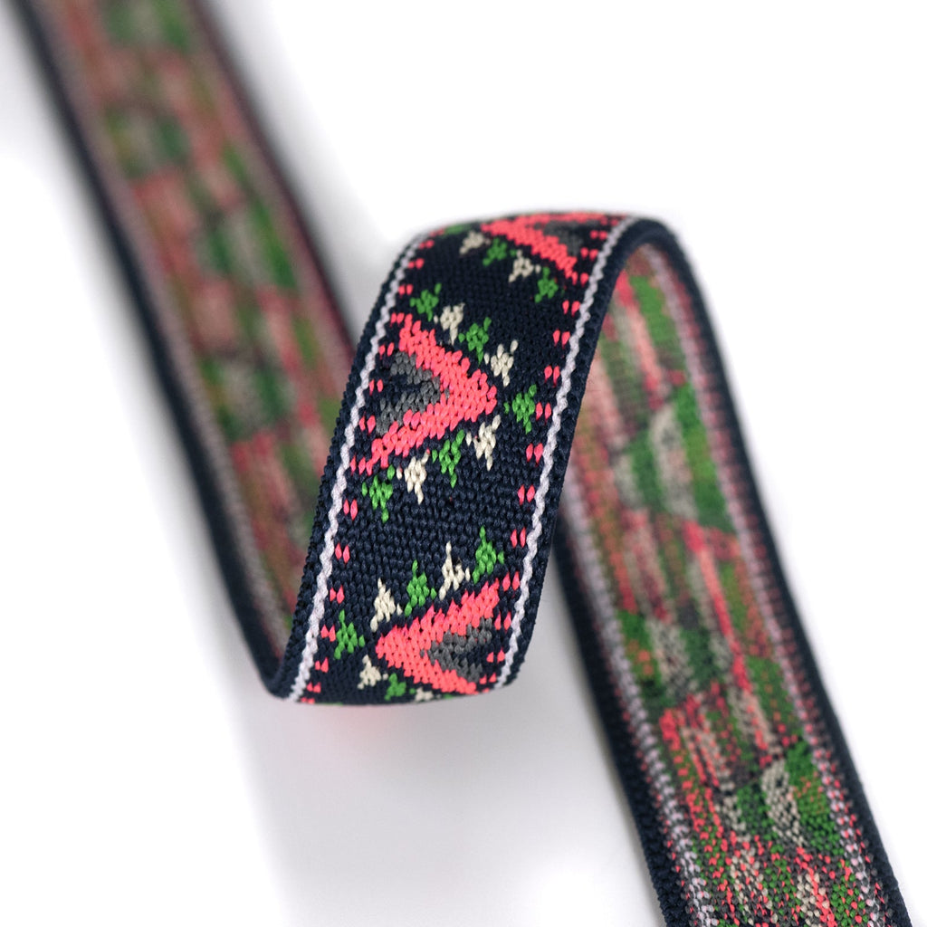 1 inch 25mm Wide Pink V and Deep Navy Woven Latex-free Elastic Band, Colored Elastic Trim, Elastic Ribbon,  Elastic by 1 Yard