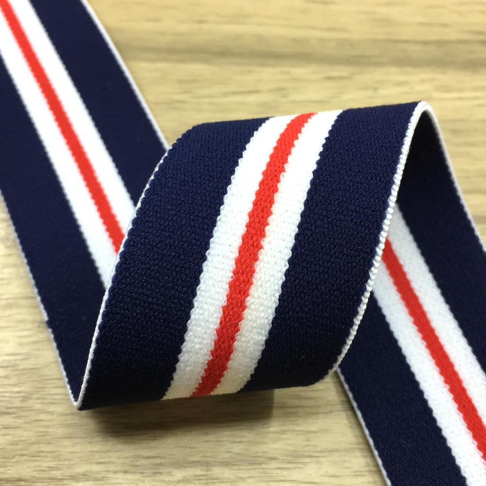 1.5 inch (40mm)  Wide Colored  Plush Navy, White and Red Striped Elastic Band  - 1Yard