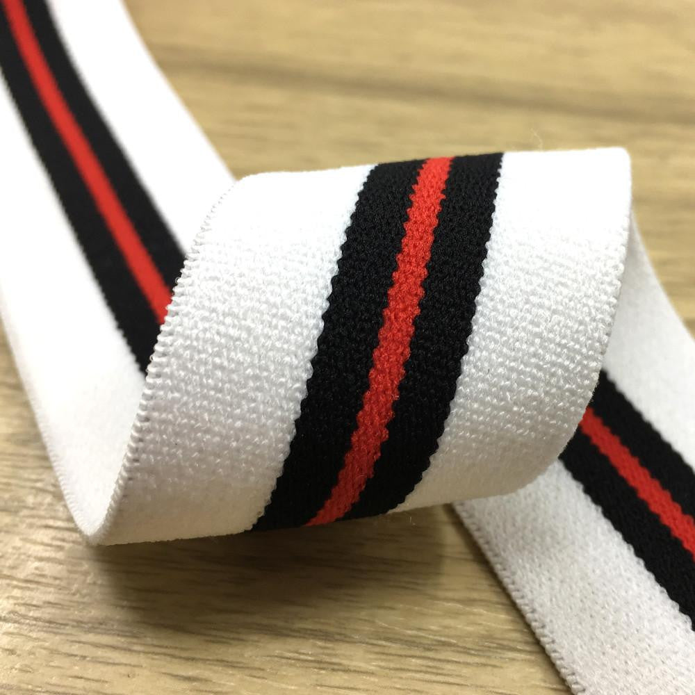 1.5 inch (40mm)  Wide Colored  Plush White, Black and Red Striped Elastic Band, - 1Yard