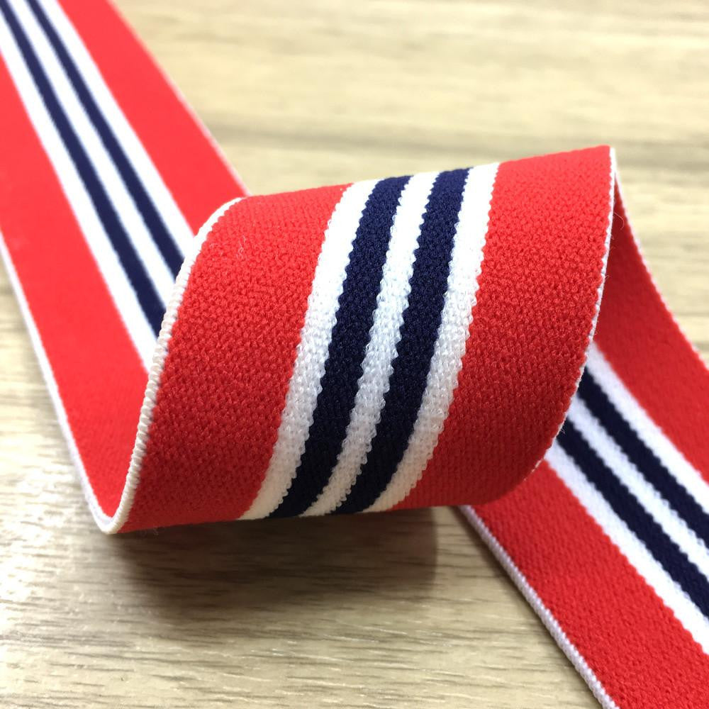 1.5 inch (40mm)  Wide Colored  Plush Red, White and Two Black Stripes Striped Elastic Band - 1Yard