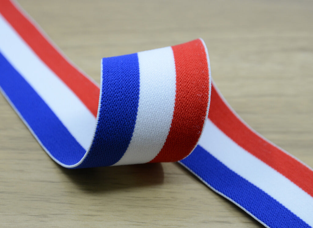 1.5 inch (40mm) Wide Colored Plush Blue White and Red Striped Elastic Band, Soft Waistband Elastic, Elastic Trim, Sewing Elastic