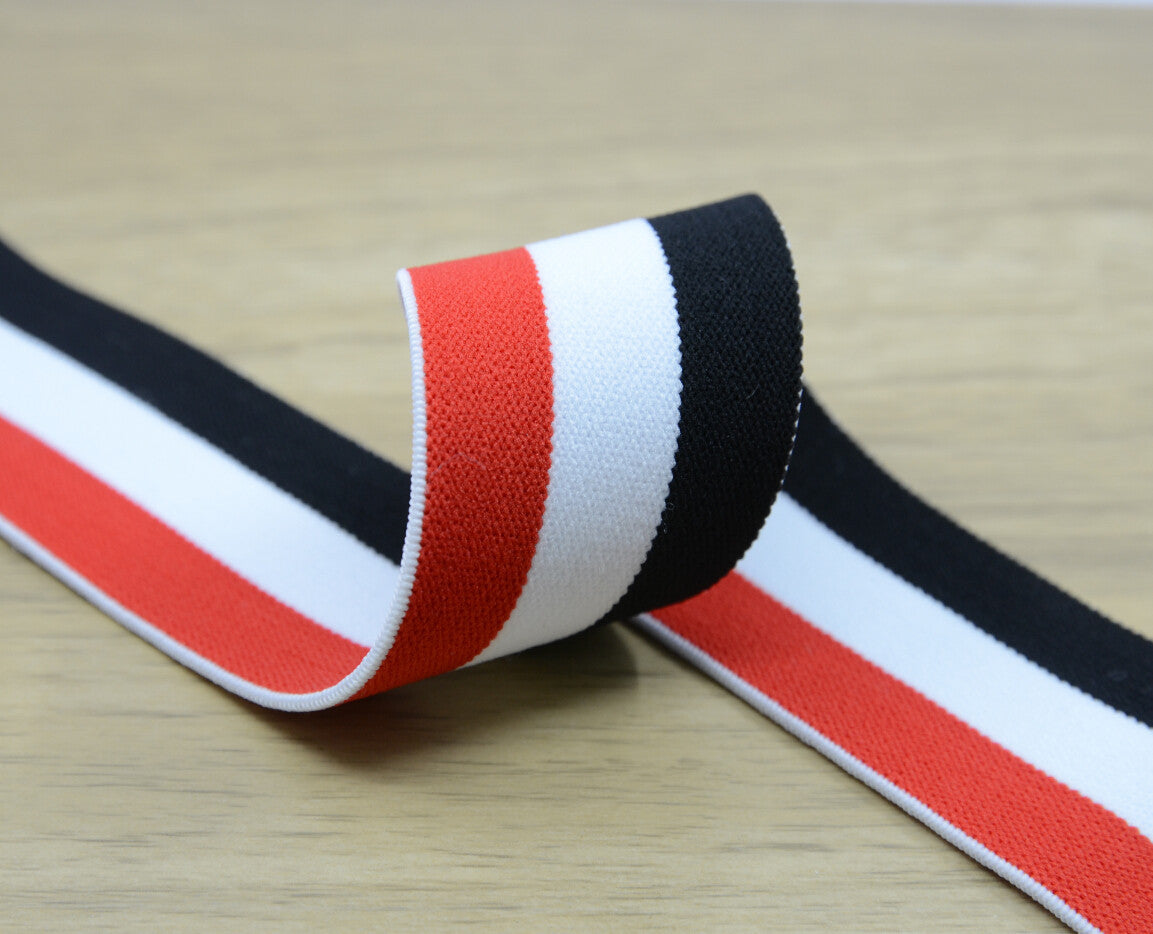 1.5 inch (40mm) Wide Striped Elastic White Black and Red