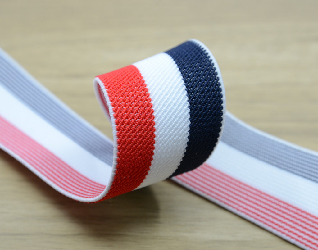 1.5 inch (40mm) Wide Colored Red White Striped Elastic Band, Waistband Elastic, Elastic Trim, Sewing Elastic