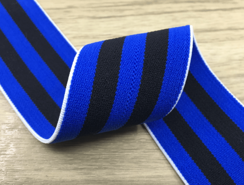 1.5 inch (40mm) Colored Plush Black and Blue Wide Stripe Soft Elastic Band