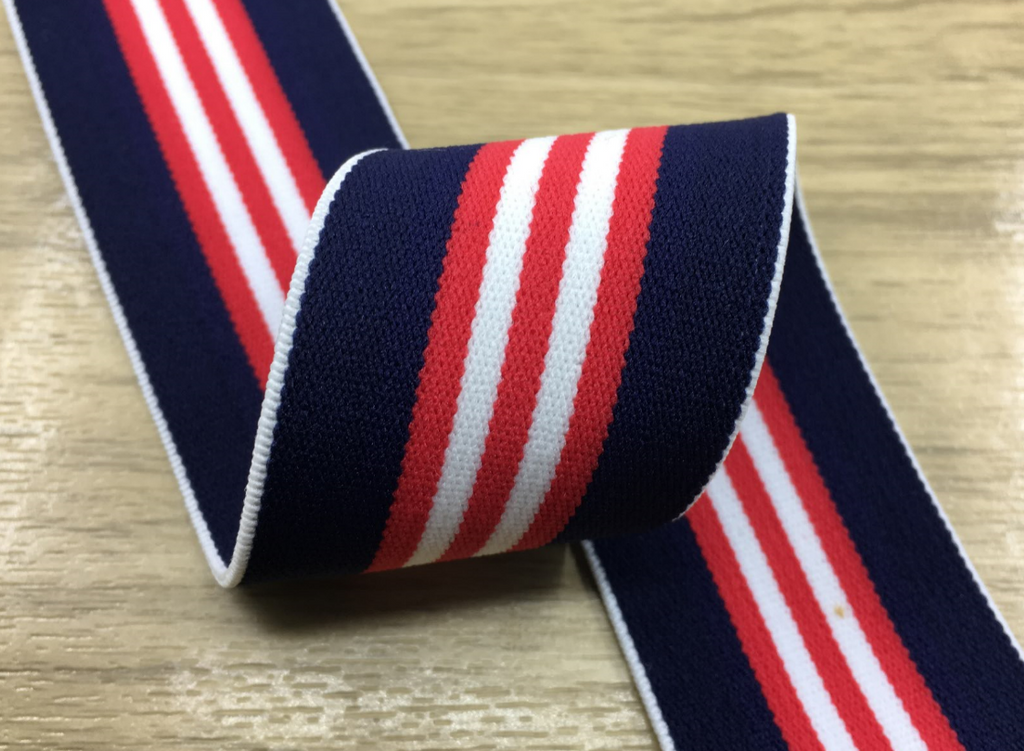 1.5 inch (40mm) Wide Colored Plush Blue,Red and White Thin Stripe Soft Elastic Band