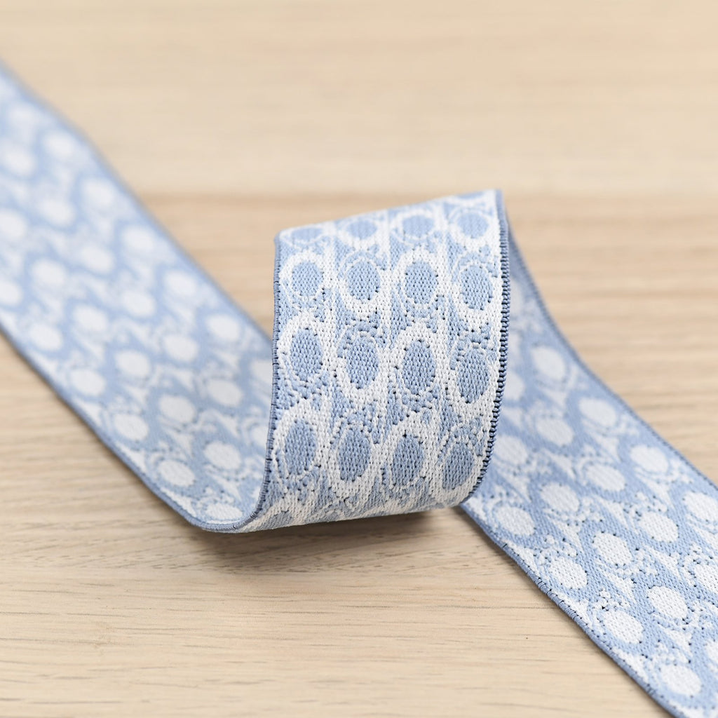 2 inch (50 mm) Wide Light Blue and White O Elastic Band- 1 Yard