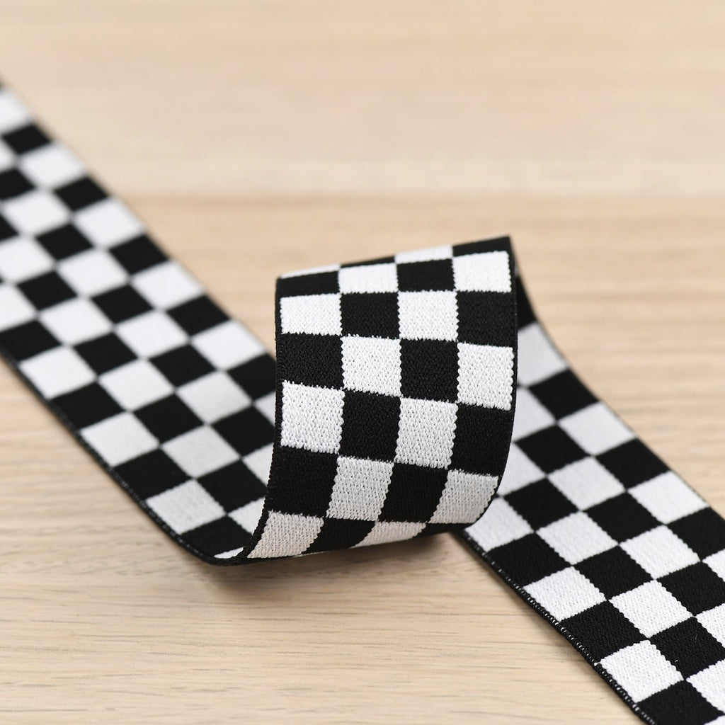 1.5 inch (40 mm) Wide Black and White Plaid Elastic Band- 1 Yard