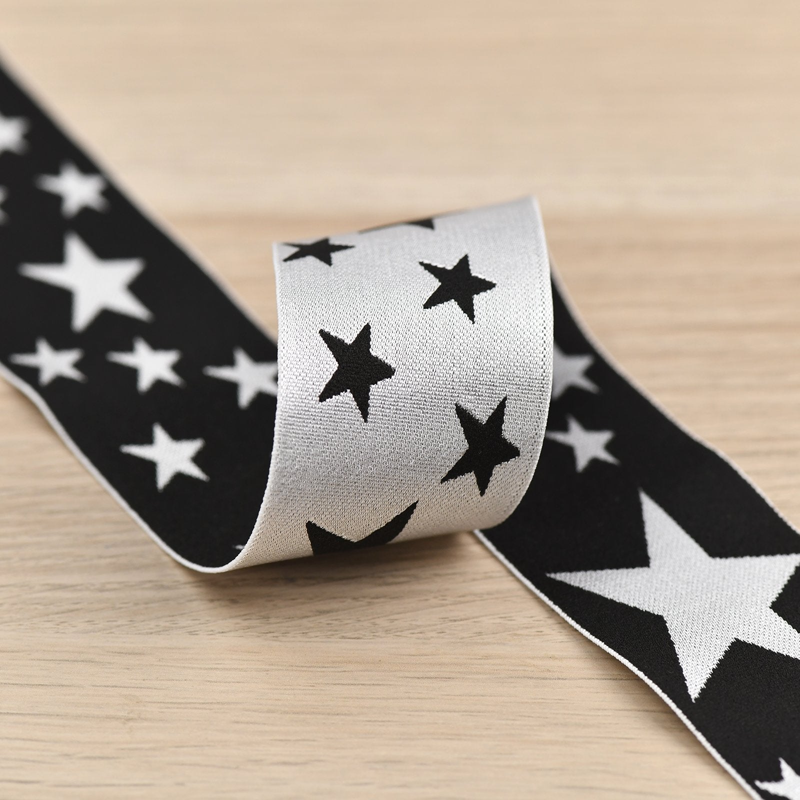 1.5 inch (40 mm) Wide Silver/Brown and Black Stars Elastic Band- 1 Yard