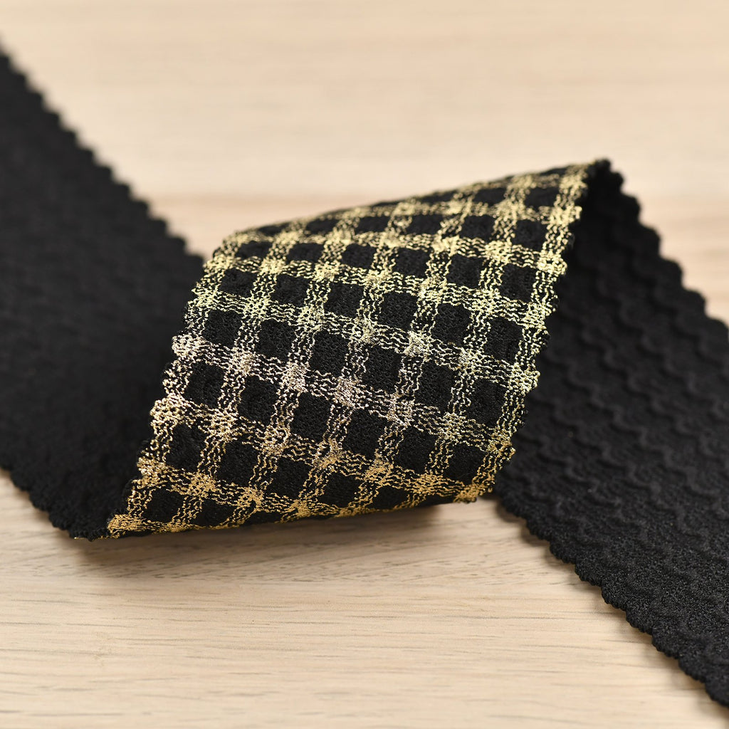 2.36 inch (60mm) Wide Silver/Gold Plaid Black Elastic Band - 1 Yard
