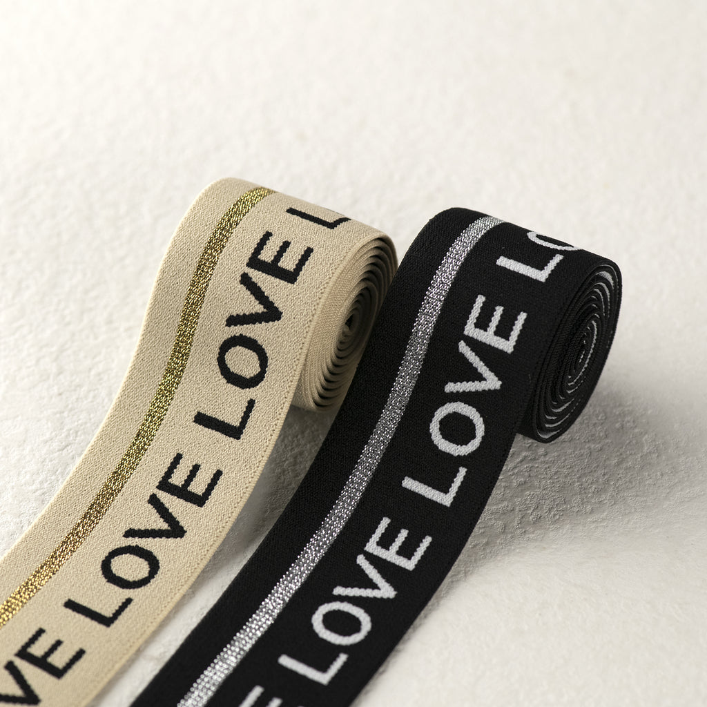 1.5 inch (40 mm) Wide Black/Beige Love Elastic Band- 1 Yard