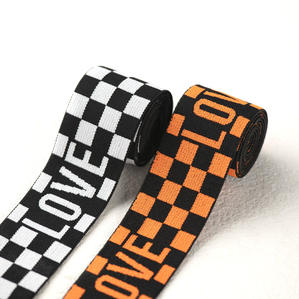 1.5 inch (40 mm) Wide Orange/White Plaid Love Black Elastic Band- 1 Yard