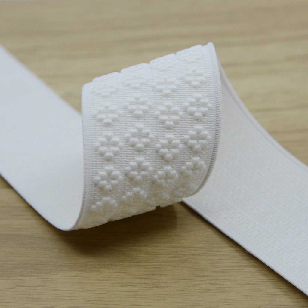 1.5 inch (38mm) Wide Embroidery Jacquard Flower White/Beige Elastic - 1Yard