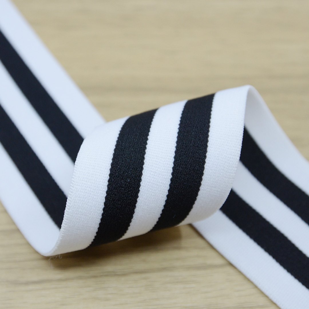 2 inch (50mm) Wide Colored Plush White and Black Striped Elastic Band - 1 Yard - strapcrafts
