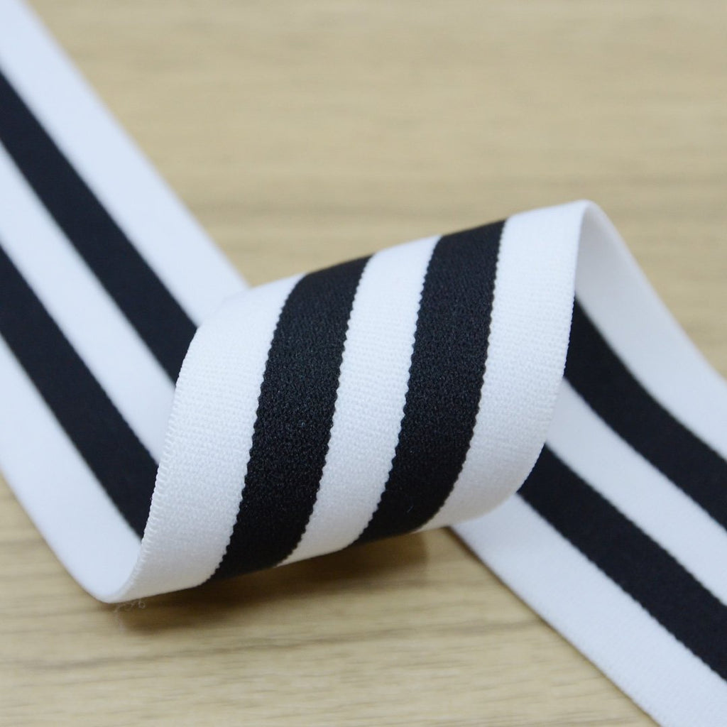 2 inch (50mm) Wide Colored Plush White and Black Striped Elastic Band - 1 Yard