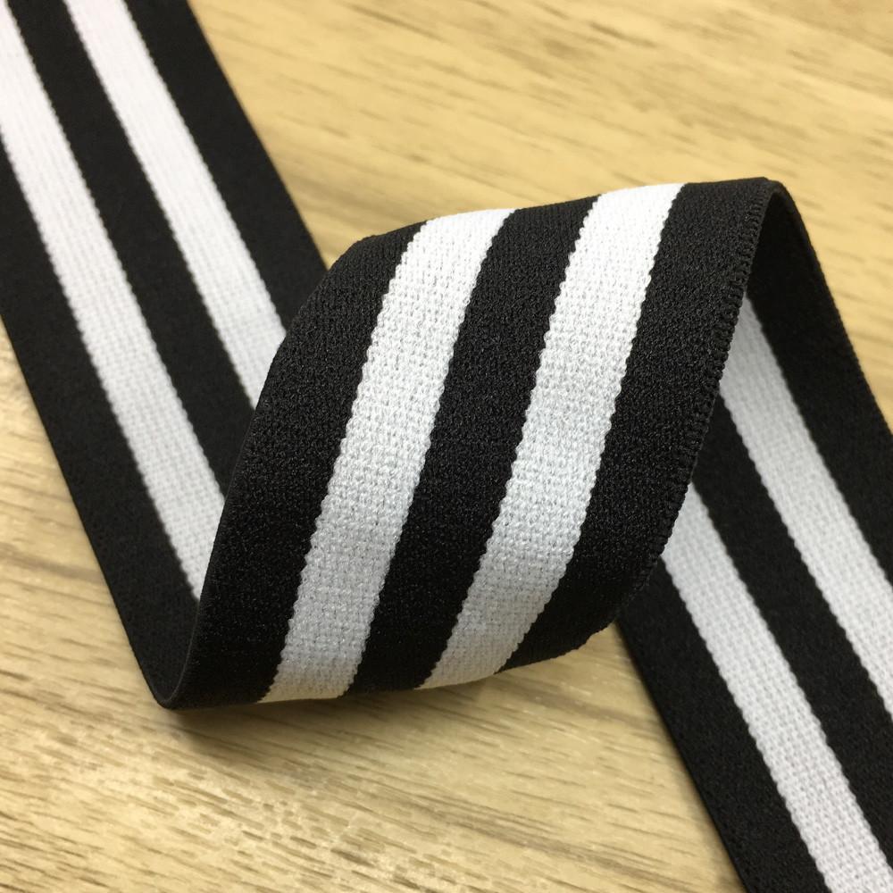 1.5 inch (40mm) Wide Colored Plush White and Black Striped Elastic Band - 1 Yard