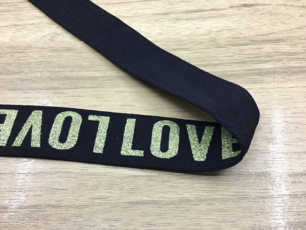11/4 inch 30mm Wide Gold Glitter Love Letters Black Plush Comfortable Elastic , Soft Elastic Band, Waistband Elastic,Sewing Elastic