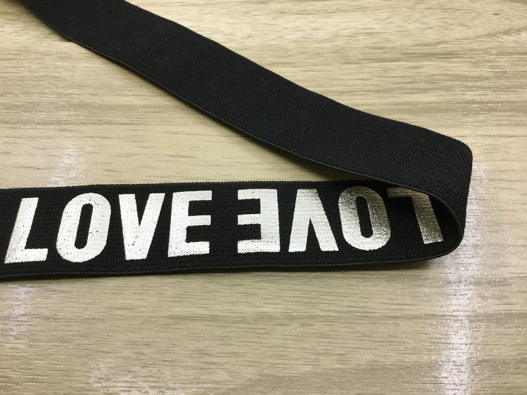 11/4 inch 30mm Wide Printed Gold Love Letters Black Plush Comfortable Elastic , Soft Elastic Band, Waistband Elastic,Sewing Elastic