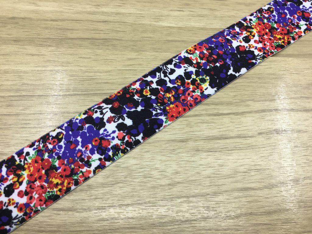 1.5 inch (40mm) Wide Satin Finish Blue and Red Flowers Soft Elastic Band