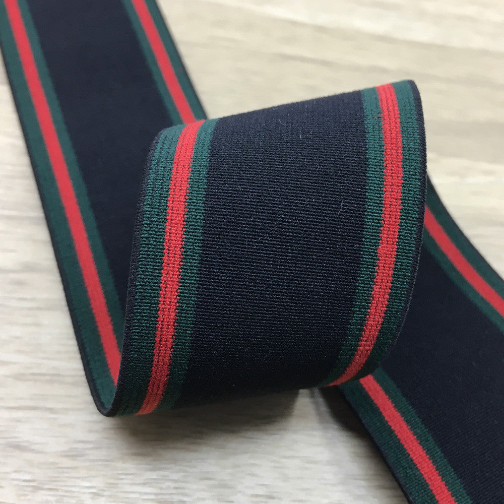 1.5 inch (40mm) Wide Colored Black Striped Elastic Band,Black Green and Red - 1 Yard