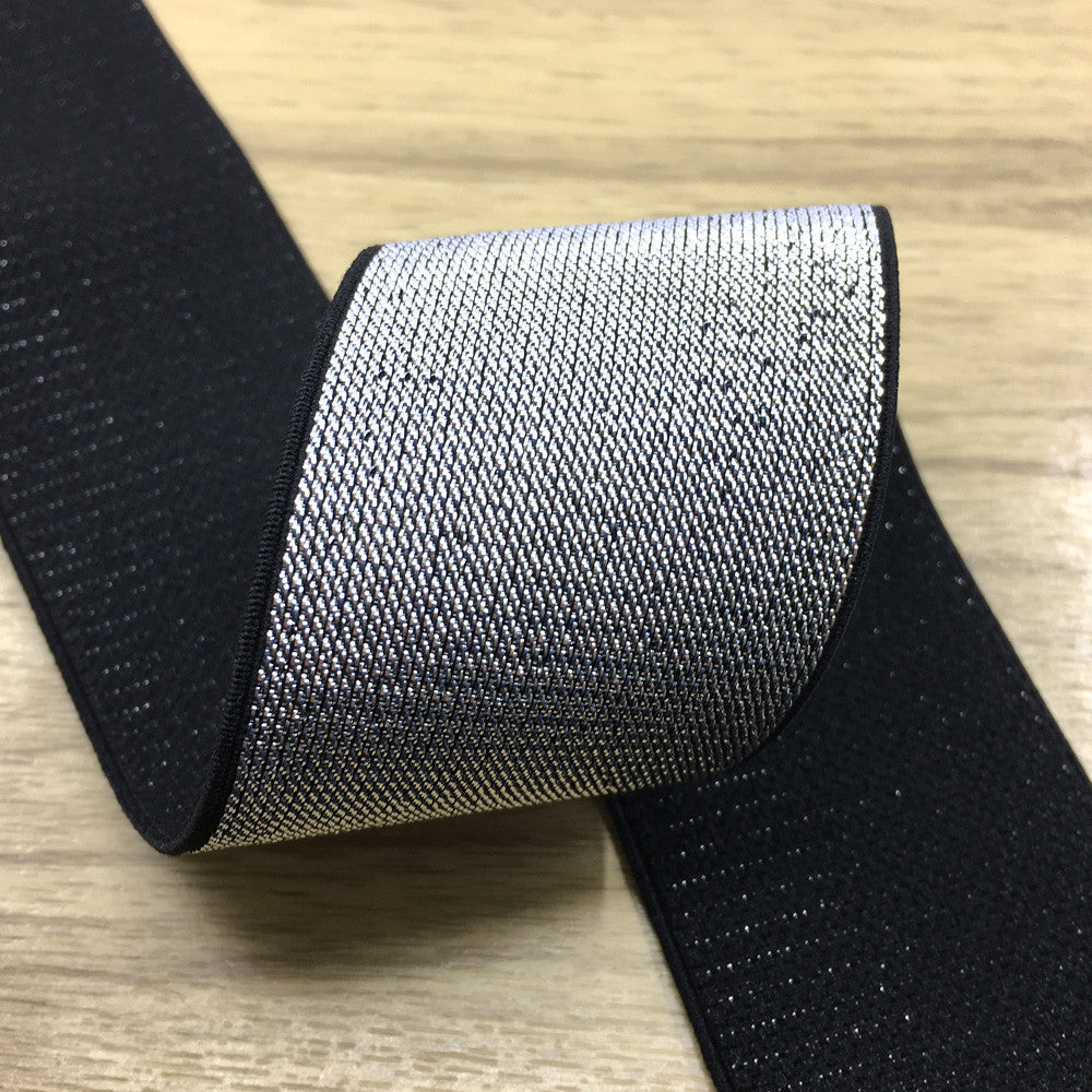 2 inch (50mm) Wide Silver Glitter Soft Black Elastic Bands - 1 Yard