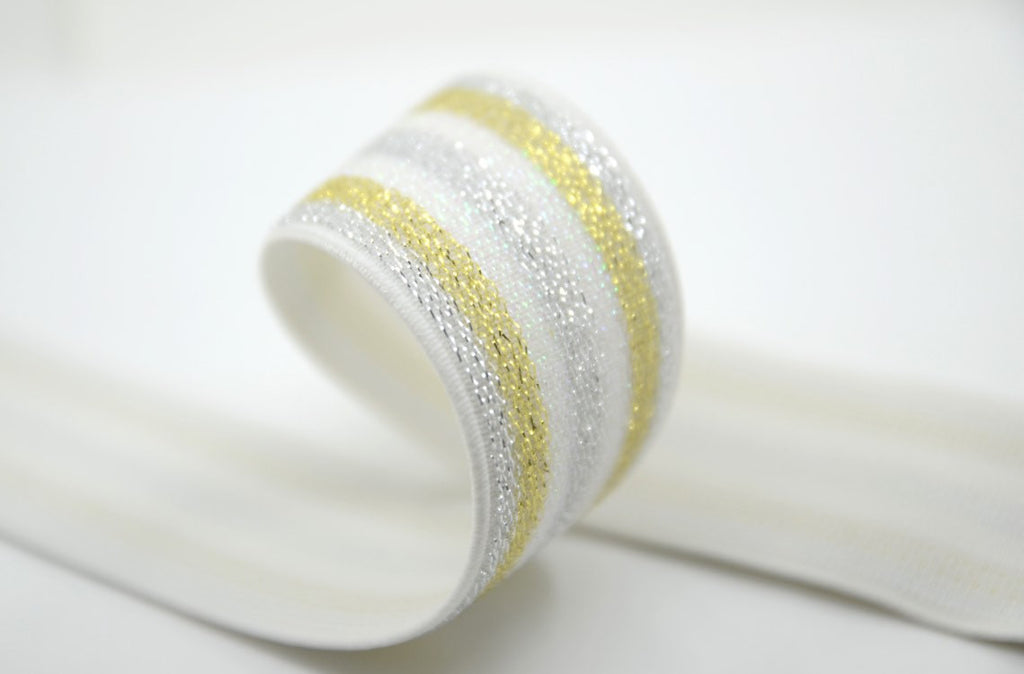 1.5"  38mm Wide Striped Glitter Waistband Elastic by the Yard, Gold & Silver Glitter Elastic