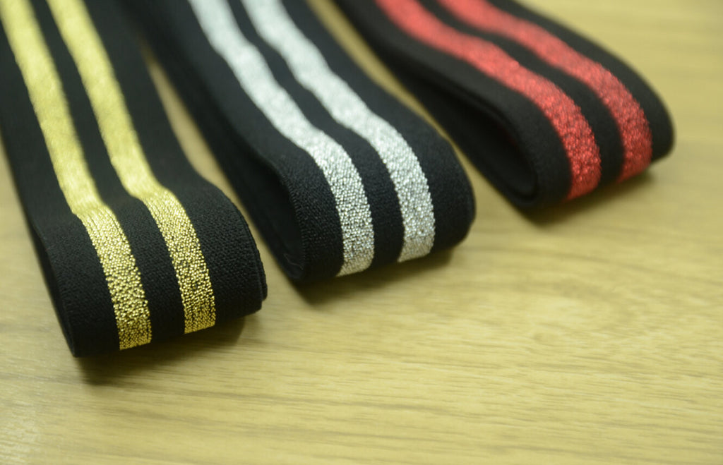 1.5" 38mm Wide Glitter Striped Waistband Elastic by the Yard, Black Plush Elastic