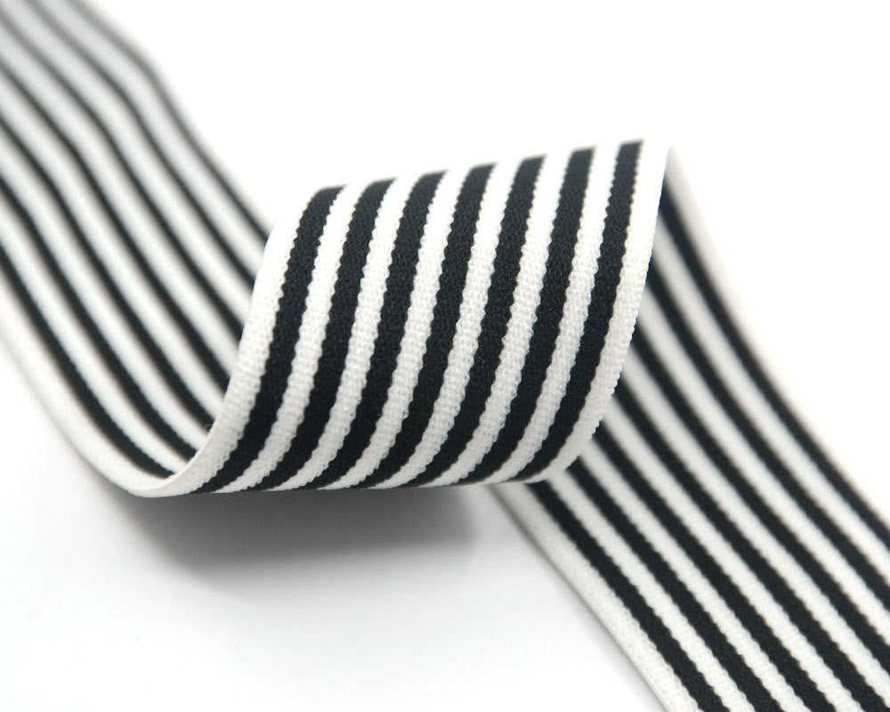 1.5" 38mm wide Black Stripes Comfortable Plush White Elastic,Waistband Elastic,Soft Elastic, Elastic Band,Sewing Elastic By the Yard